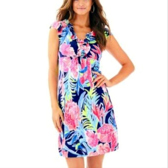Lilly Pulitzer Clare Silk Jersey Dress High Tide Tropicolada Mini Floral Size XS - Picture 1 of 16